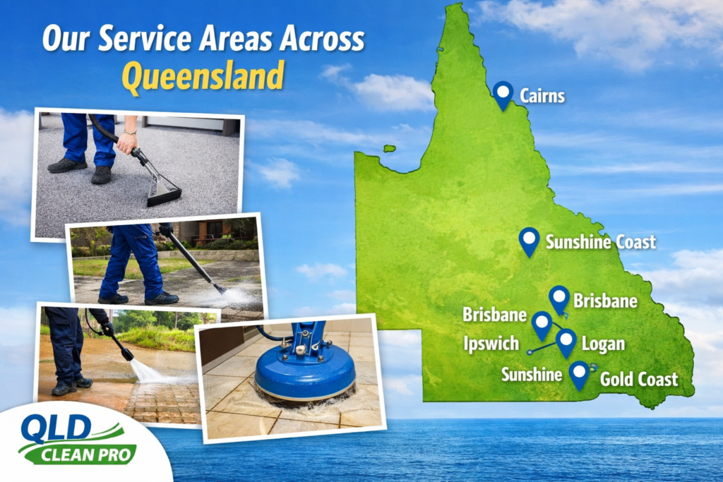 QLD Clean Pro Cities Coverage map showing cleaning services in Brisbane Gold Coast Sunshine Coast Ipswich Logan and Cairns