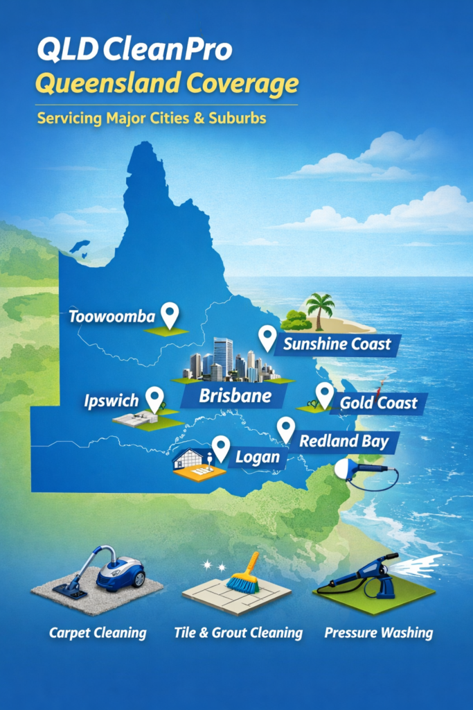 QLD Clean Pro Queensland Coverage map showing cleaning services across Brisbane Gold Coast Sunshine Coast Ipswich Logan and surrounding suburbs in Queensland